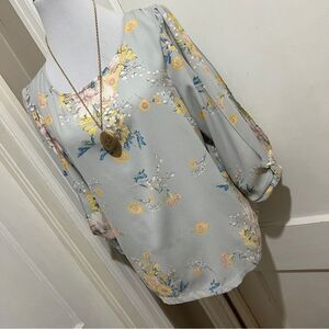 LC Lauren Conrad Floral Blouse - Soft Gray with Yellow Accents